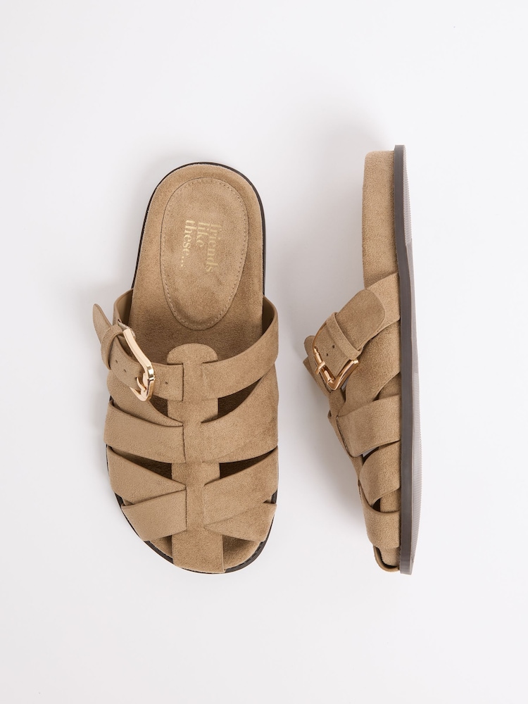 Friends Like These Taupe Brown Faux Suede Fisherman Slip On Mule Summer Footbed Sandals - Image 4 of 4