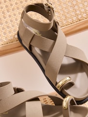 Friends Like These Taupe Brown Faux Suede Toe Loop Gold Trim Flat Summer Footbed Sandals - Image 2 of 4