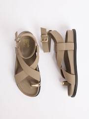 Friends Like These Taupe Brown Faux Suede Toe Loop Gold Trim Flat Summer Footbed Sandals - Image 3 of 4