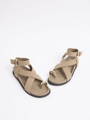 Friends Like These Taupe Brown Faux Suede Toe Loop Gold Trim Flat Summer Footbed Sandals - Image 4 of 4