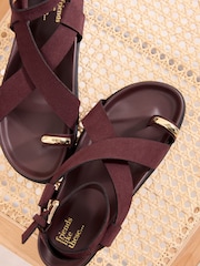 Friends Like These Burgundy Red Faux Suede Toe Loop Gold Trim Flat Summer Footbed Sandals - Image 2 of 4