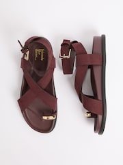 Friends Like These Burgundy Red Faux Suede Toe Loop Gold Trim Flat Summer Footbed Sandals - Image 3 of 4