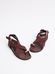 Friends Like These Burgundy Red Faux Suede Toe Loop Gold Trim Flat Summer Footbed Sandals - Image 4 of 4