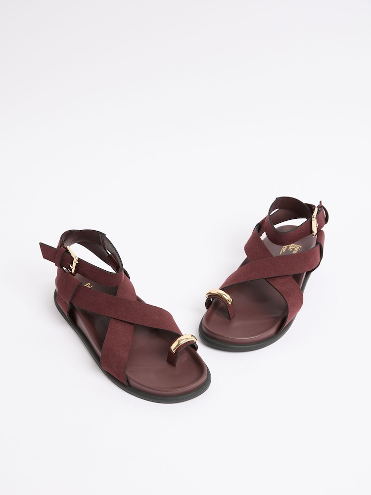 Friends Like These Burgundy Red Faux Suede Toe Loop Gold Trim Flat Summer Footbed Sandals - Image 4 of 4