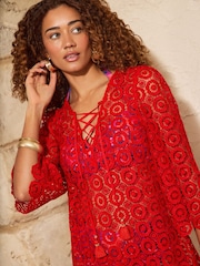Κόκκινο - Love & Roses Crochet Tie Front Kaftan - Εικόνα 2 του 4