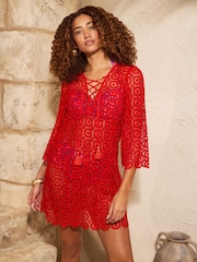 Κόκκινο - Love & Roses Crochet Tie Front Kaftan - Εικόνα 3 του 4