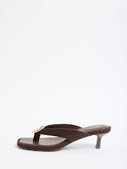 Friends Like These Chocolate Brown Faux Suede Gold Hardware Toe Thong Kitten Heeled Mule Sandals - Image 5 of 5