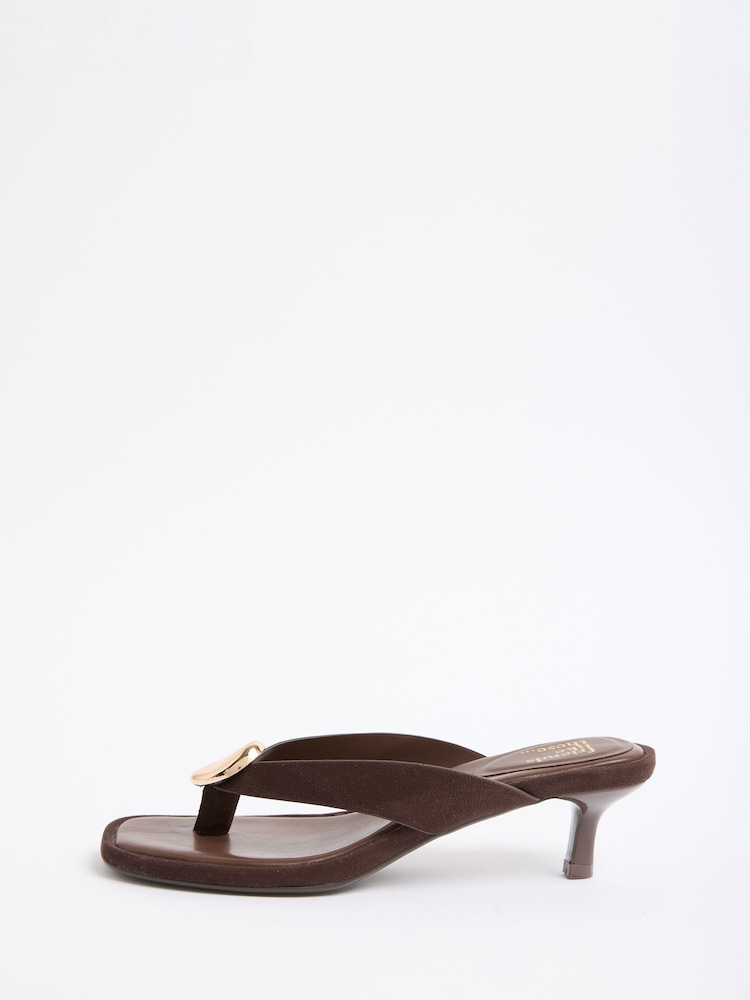 Friends Like These Chocolate Brown Faux Suede Gold Hardware Toe Thong Kitten Heeled Mule Sandals - Image 5 of 5