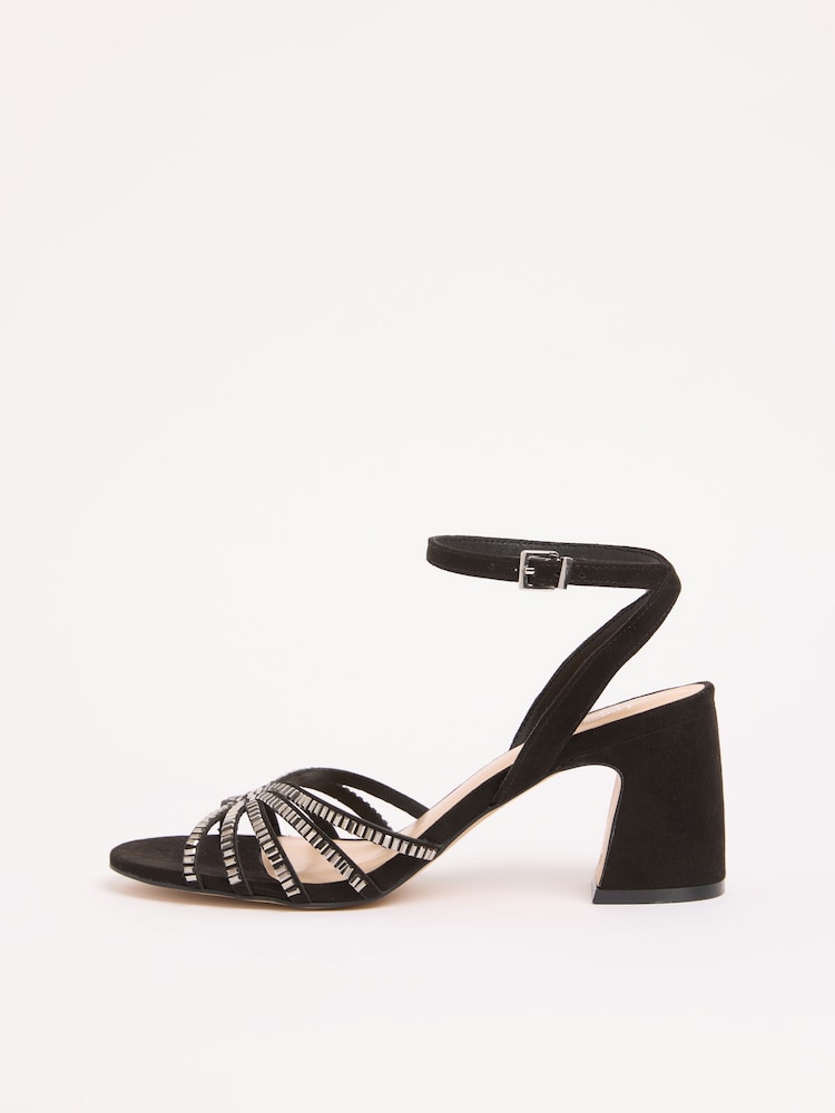 Friends Like These Black Standard Fit Faux Suede Diamante Hotfix Low Block Heeled Occassion Sandals - Image 5 of 5