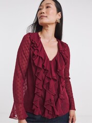 JD Williams Red Dobby Ruffle Front Blouse - Image 1 of 4
