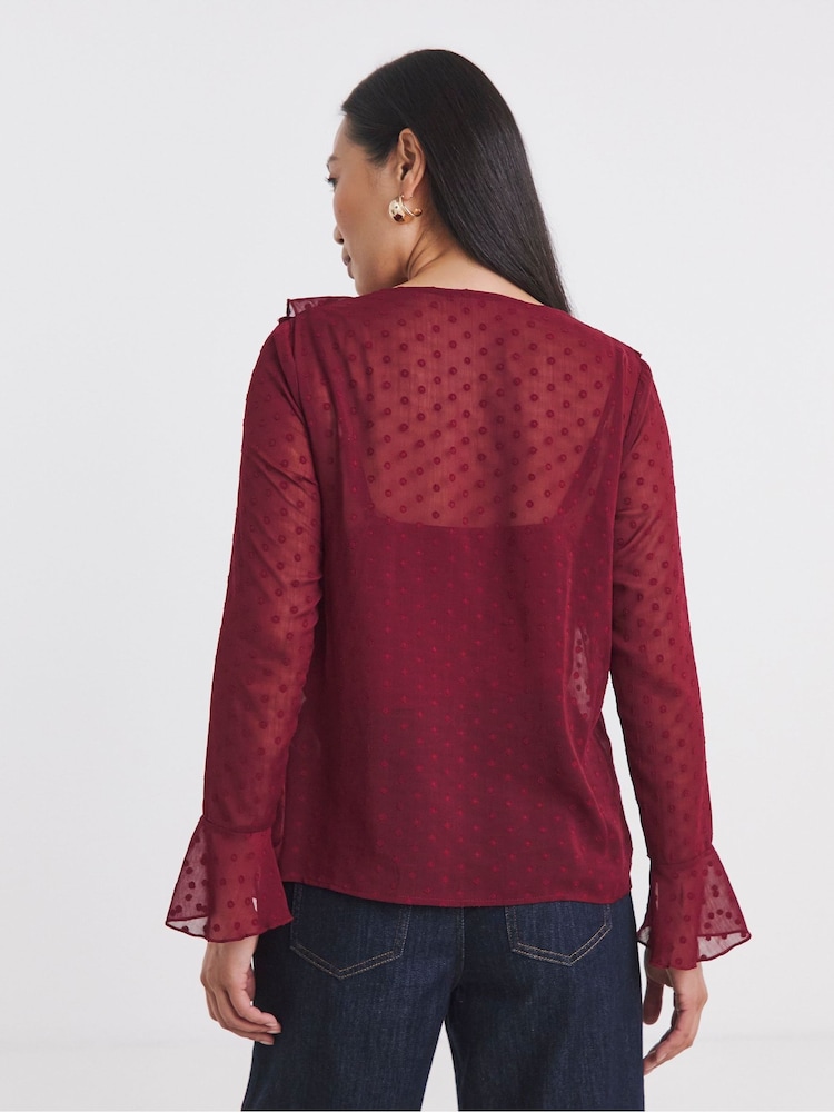 JD Williams Red Dobby Ruffle Front Blouse - Image 2 of 4