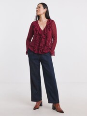 JD Williams Red Dobby Ruffle Front Blouse - Image 4 of 4