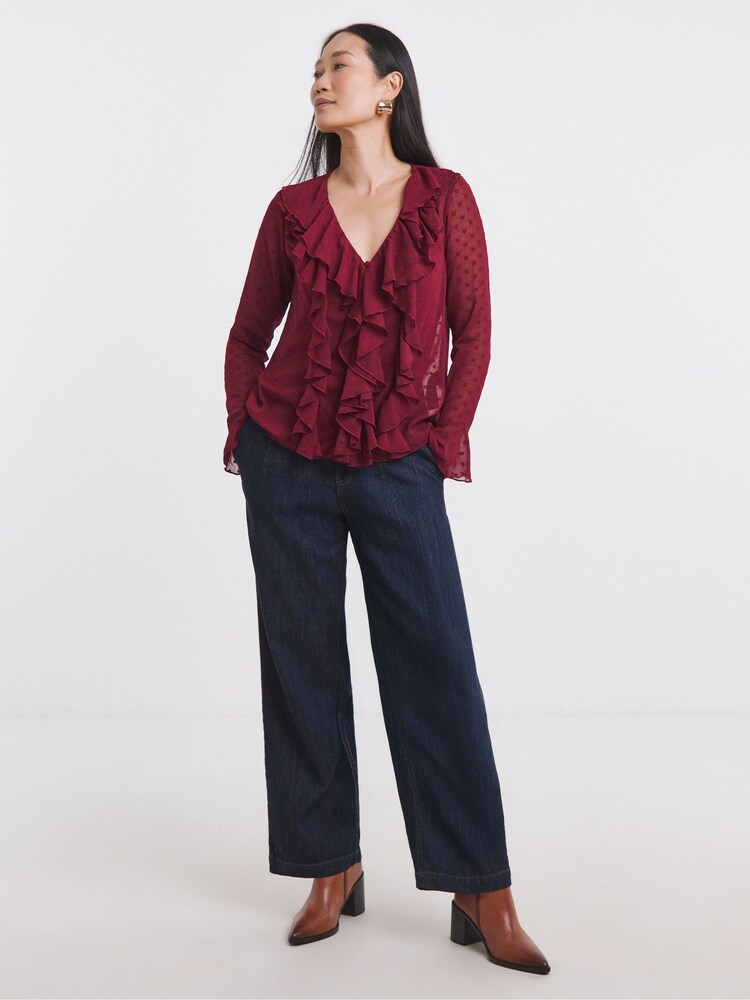 JD Williams Red Dobby Ruffle Front Blouse - Image 4 of 4