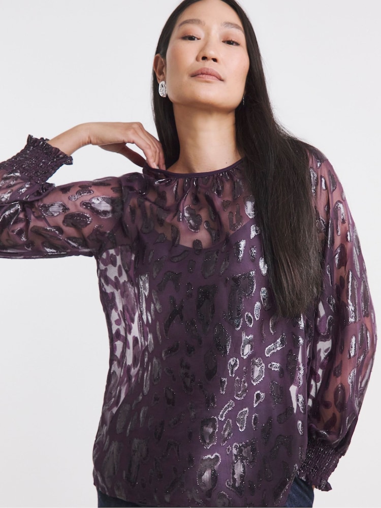 JD Williams Purple Lurex Jacquard Raglan Sleeve Blouse - Image 1 of 4