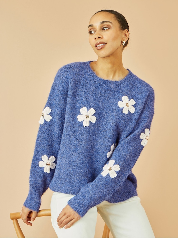 Yumi Blue Relaxed Jumper With Crochet Flowers - Image 1 of 5