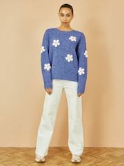 Yumi Blue Relaxed Jumper With Crochet Flowers - Image 2 of 5