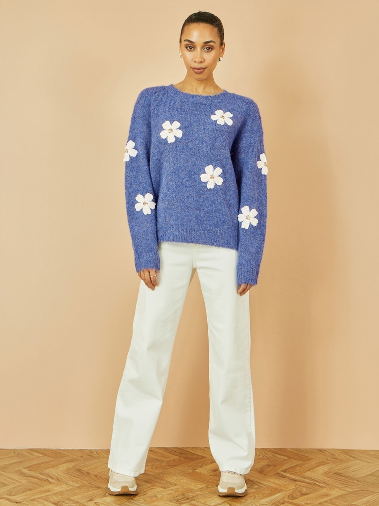 Yumi Blue Relaxed Jumper With Crochet Flowers - Image 2 of 5