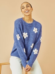 Yumi Blue Relaxed Jumper With Crochet Flowers - Image 4 of 5