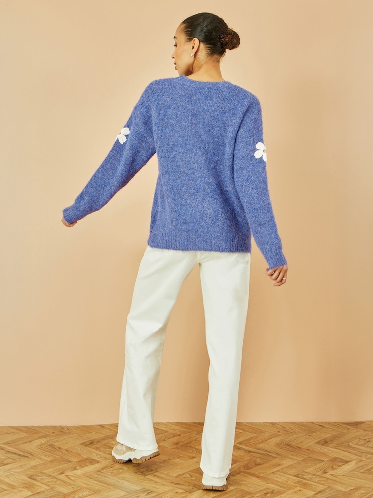 Yumi Blue Relaxed Jumper With Crochet Flowers - Image 5 of 5
