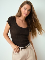 Chocolate Brown Texture Short Sleeved Scoop Neck Top - Image 1 of 8