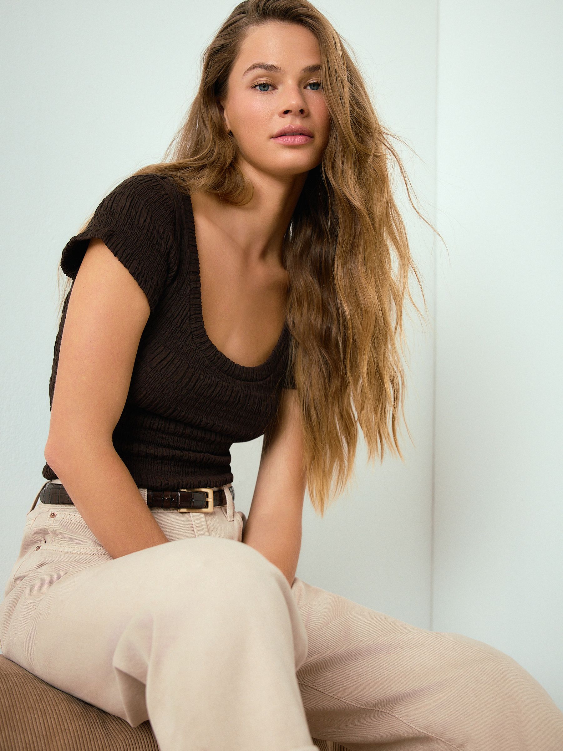 Buy Chocolate Brown Texture Short Sleeved Scoop Neck Top from Next USA
