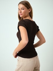 Chocolate Brown Texture Short Sleeved Scoop Neck Top - Image 4 of 8