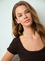 Chocolate Brown Texture Short Sleeved Scoop Neck Top - Image 5 of 8