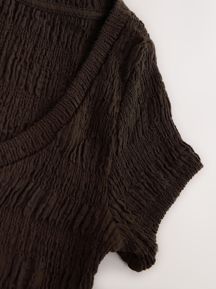 Chocolate Brown Texture Short Sleeved Scoop Neck Top - Image 8 of 8