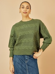 Yumi Green Cable Knit Relaxed Fit Jumper - Image 1 of 5