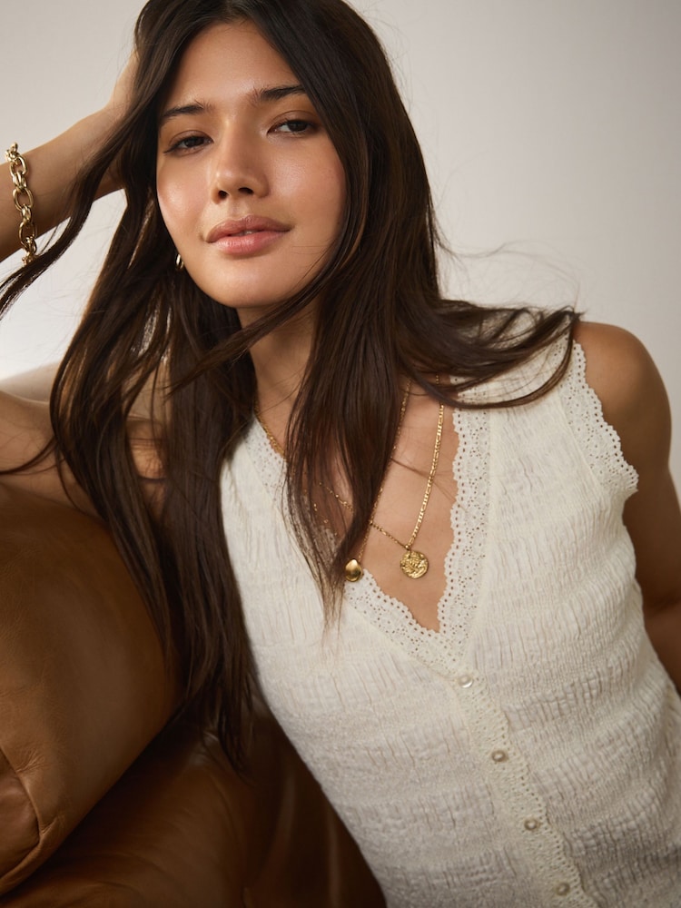 Ecru Sleeveless V-Neck Textured Waistcoat - Image 1 of 6 Ecru Sleeveless V-Neck Textured Waistcoat - Image 1 of 6