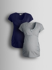 JoJo Maman Bébé Navy Ecru Stripe 2-Pack Maternity & Nursing T-Shirts - Image 1 of 11