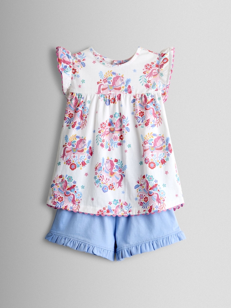 JoJo Maman Bébé Light Blue Unicorn Frill Sleeve Top & Short Set - Image 1 of 7