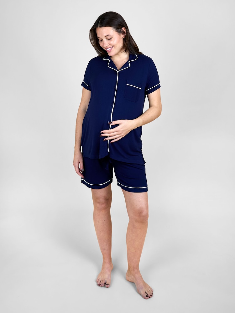 JoJo Maman Bébé Navy Blue Piping Maternity Short Pyjamas Set - Image 1 of 4
