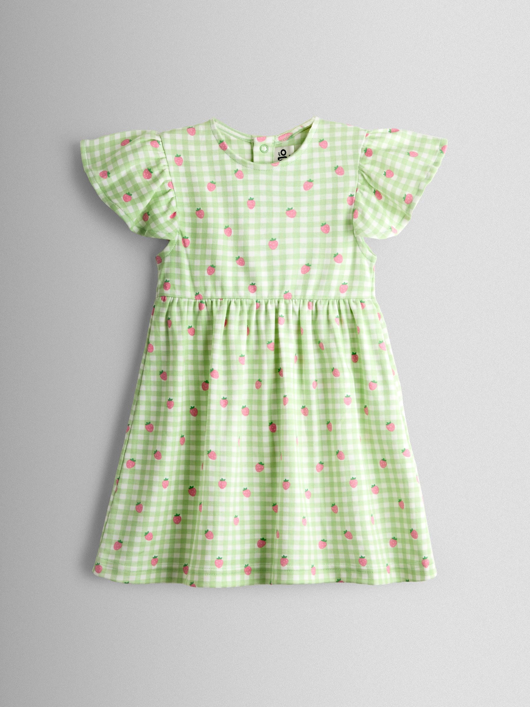 Jojo Maman Bébé Women's Green Gingham Strawberry Print Flutter Sleeve Dress