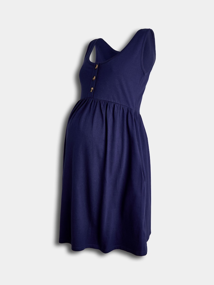 JoJo Maman Bébé Blue Horn Button Maternity Vest Midi Dress - Image 1 of 4 JoJo Maman Bébé Blue Horn Button Maternity Vest Midi Dress - Image 1 of 4