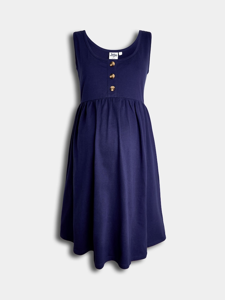 JoJo Maman Bébé Blue Horn Button Maternity Vest Midi Dress - Image 2 of 4 JoJo Maman Bébé Blue Horn Button Maternity Vest Midi Dress - Image 2 of 4