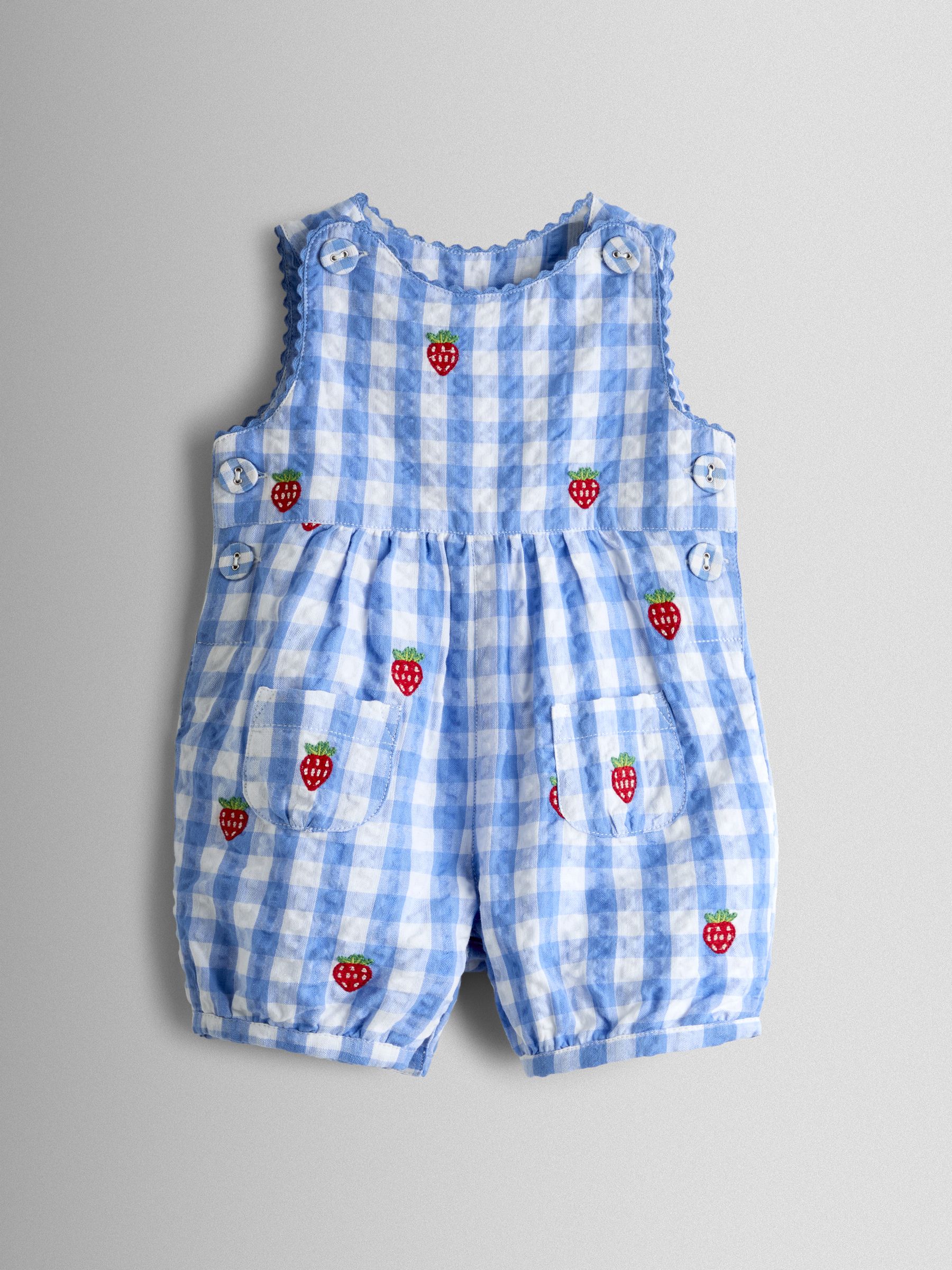 Jojo Maman Bébé Blue Strawberry Embroidered Seersucker Gingham Dungaree
