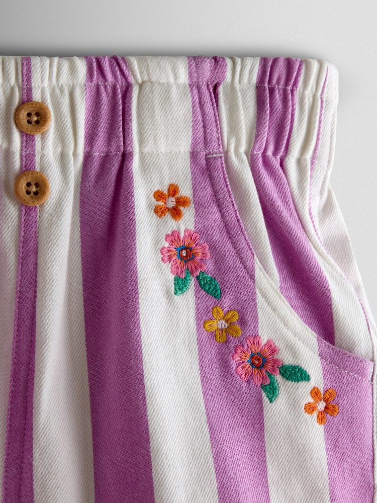 JoJo Maman Bébé Lilac Purple Stripe Embroidered Twill Paperbag Shorts - Image 3 of 3