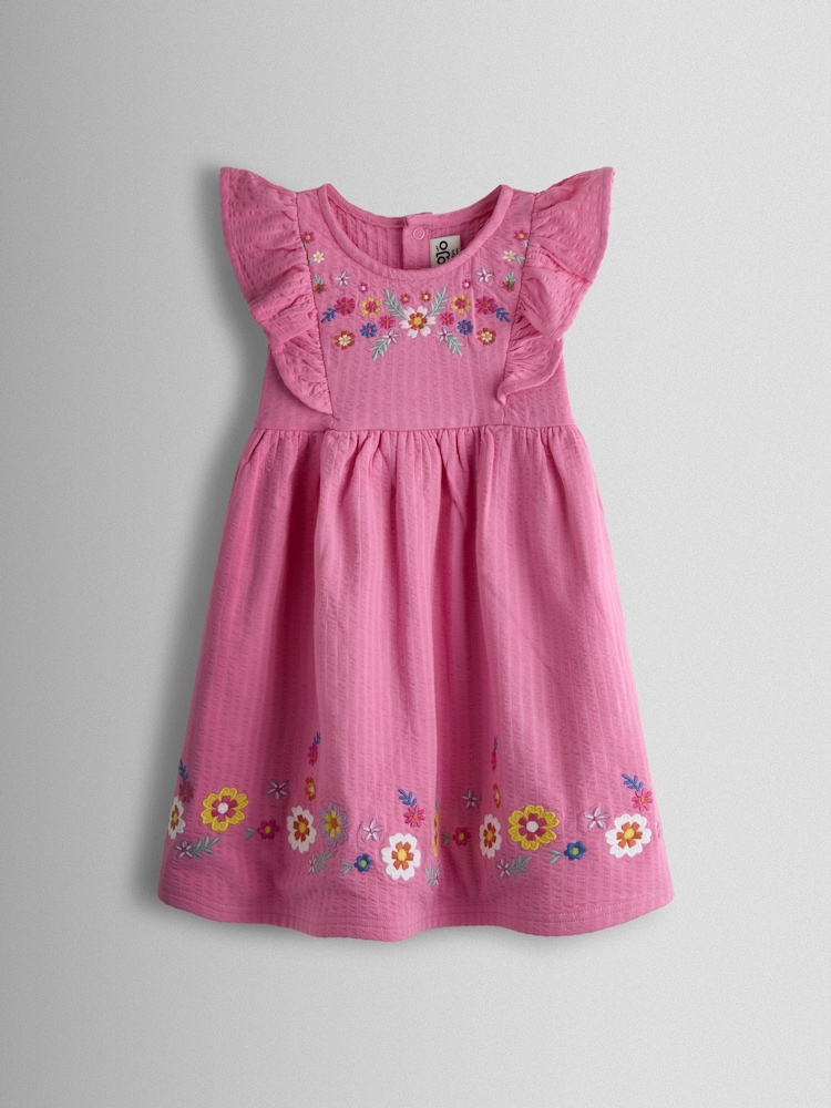 JoJo Maman Bébé Pink Floral Embroidered Seersucker Dress - Image 1 of 3