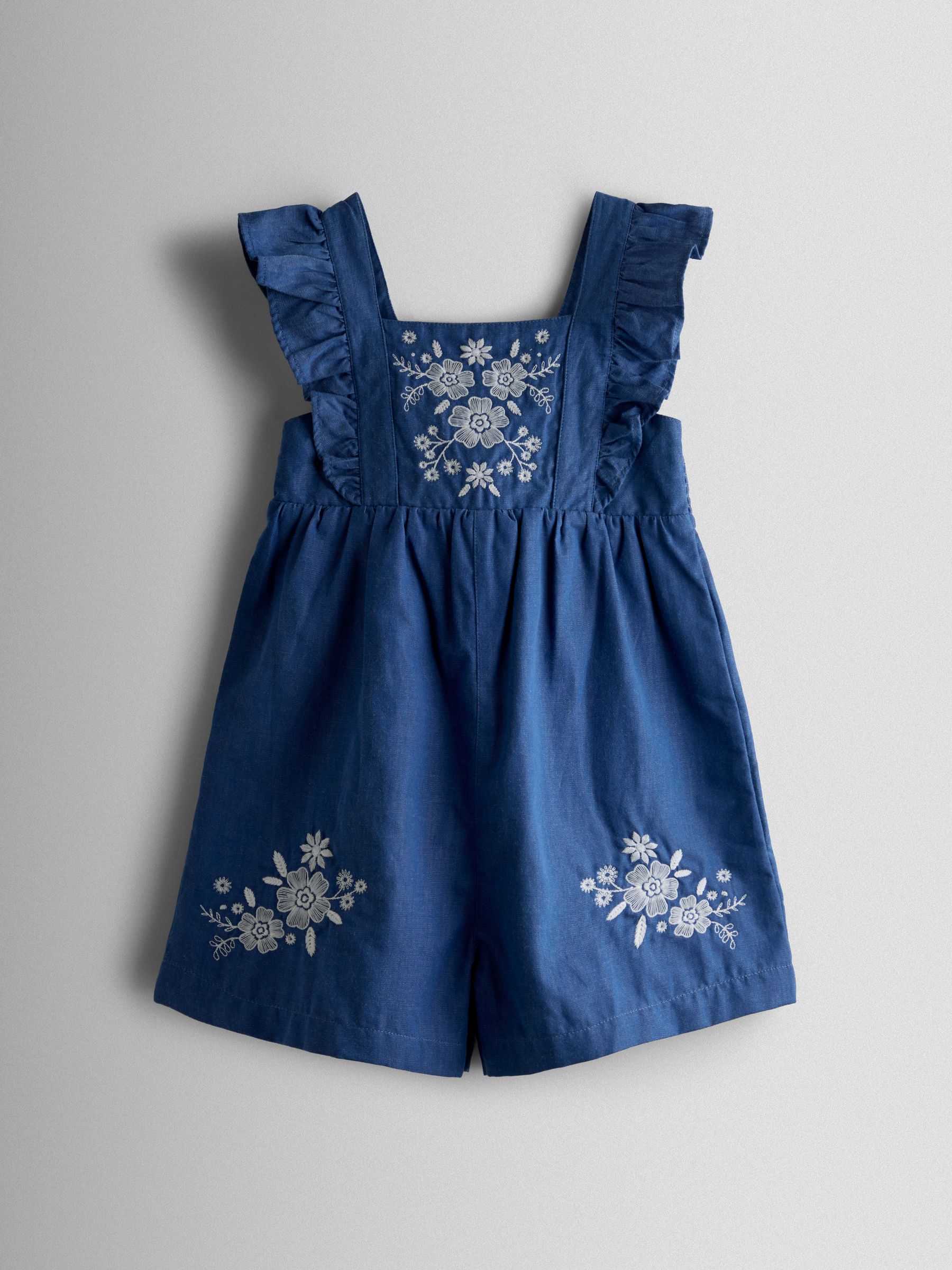 Jojo Maman Bébé Blue Chambray Strappy Frill Embroidered Playsuit