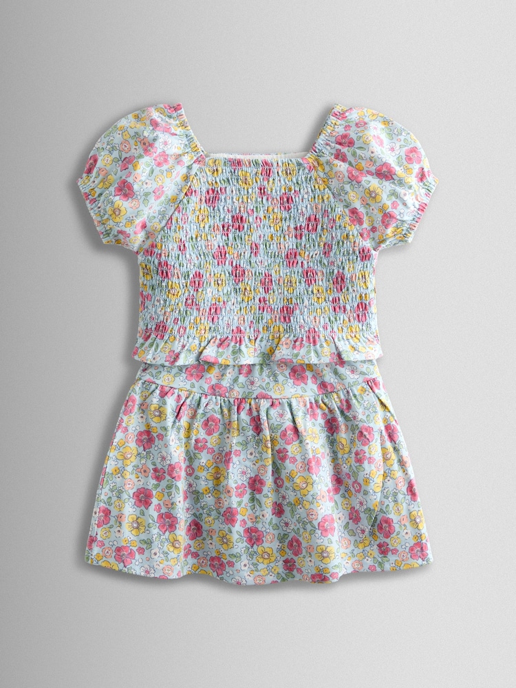 JoJo Maman Bébé Blue Smocked Cap Sleeve Top & Skort Set - Image 2 of 6