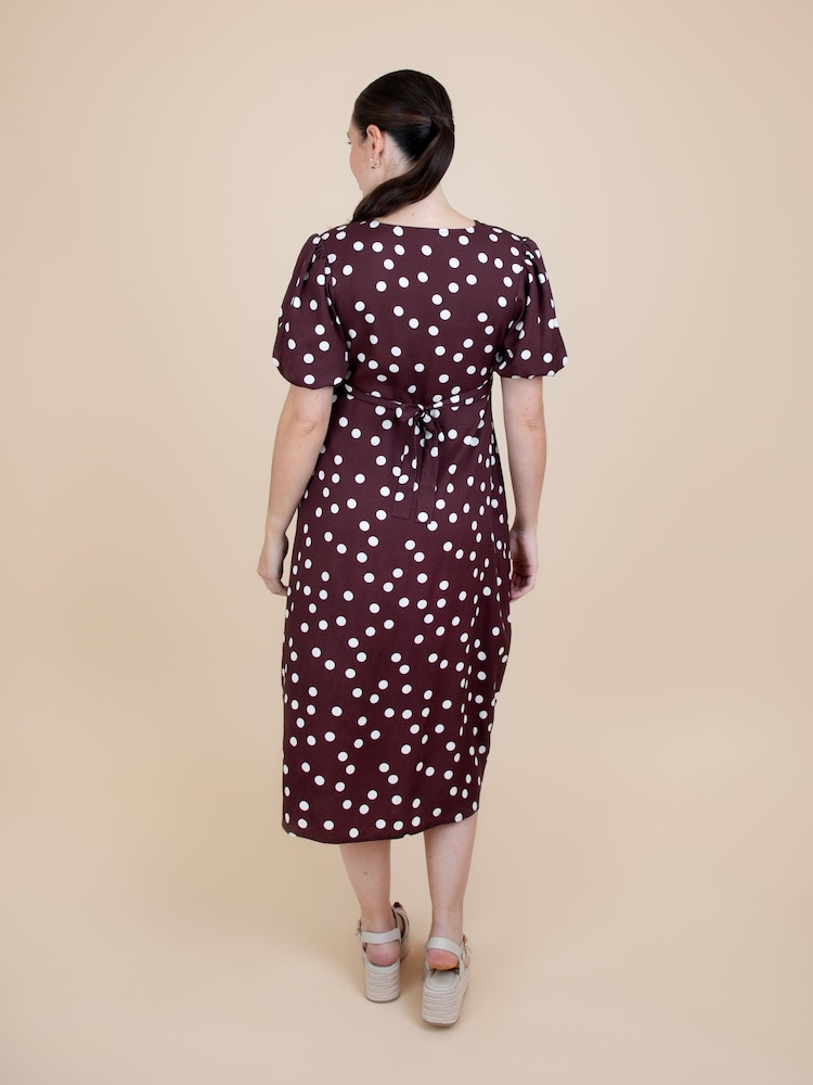 JoJo Maman Bébé Brown Puff Sleeve Button Through Tie Waist Maternity Tea Dress - Image 2 of 4