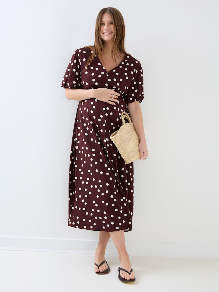 JoJo Maman Bébé Brown Puff Sleeve Button Through Tie Waist Maternity Tea Dress - Image 6 of 6 JoJo Maman Bébé Brown Puff Sleeve Button Through Tie Waist Maternity Tea Dress - Image 6 of 6