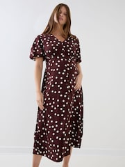 JoJo Maman Bébé Brown Puff Sleeve Button Through Tie Waist Maternity Tea Dress - Image 7 of 8