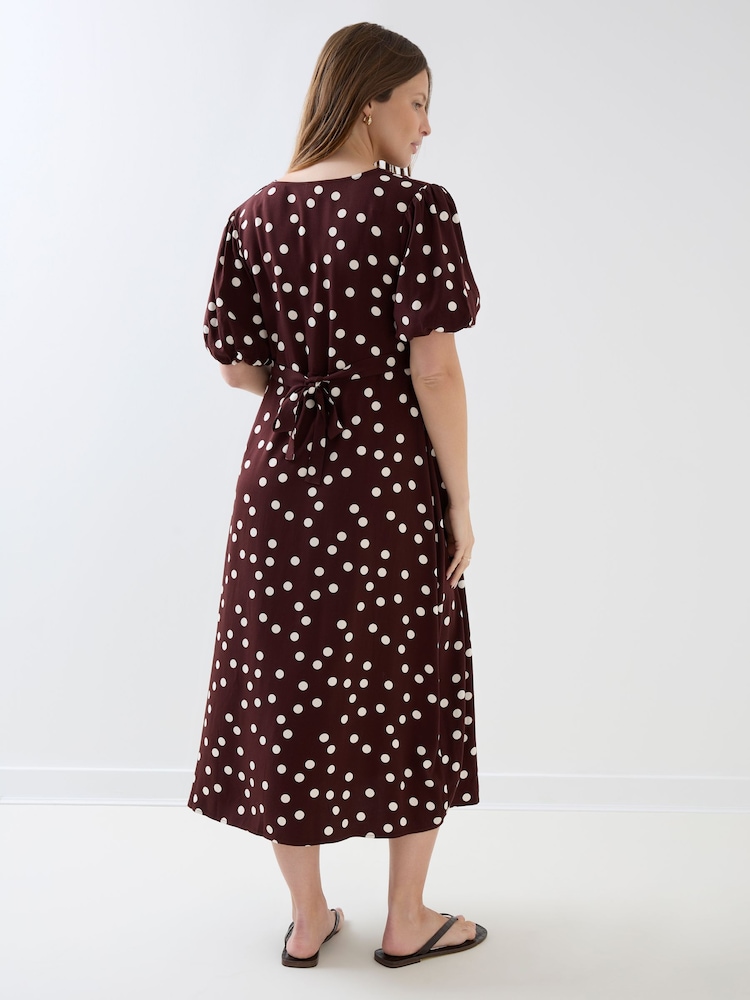 JoJo Maman Bébé Brown Puff Sleeve Button Through Tie Waist Maternity Tea Dress - Image 8 of 8