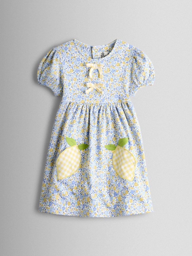 JoJo Maman Bébé Yellow Lemon Appliqué Puff Sleeve Button Front Dress - Image 1 of 3 JoJo Maman Bébé Yellow Lemon Appliqué Puff Sleeve Button Front Dress - Image 1 of 3