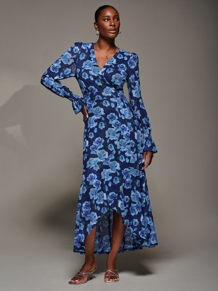 Jolie Moi Blue Ruffle Cuffed Sleeve Frill Mesh Maxi Dress - Image 1 of 6 Jolie Moi Blue Ruffle Cuffed Sleeve Frill Mesh Maxi Dress - Image 1 of 6