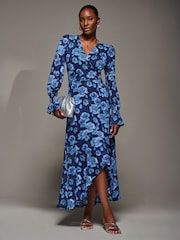 Jolie Moi Blue Ruffle Cuffed Sleeve Frill Mesh Maxi Dress - Image 2 of 6