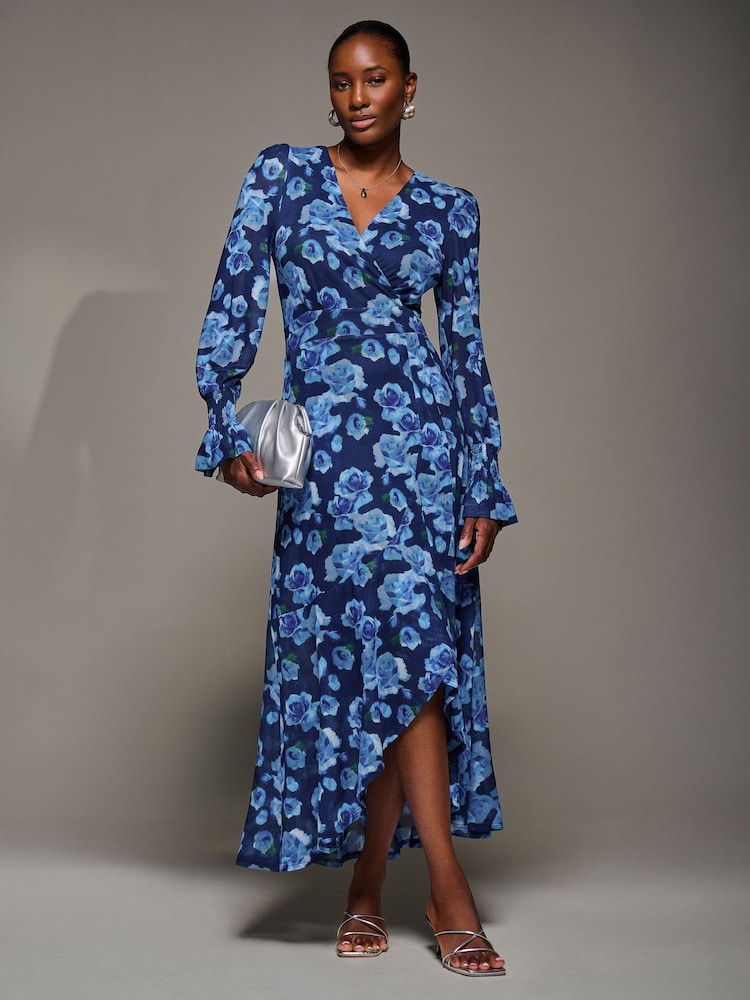 Jolie Moi Blue Ruffle Cuffed Sleeve Frill Mesh Maxi Dress - Image 2 of 6 Jolie Moi Blue Ruffle Cuffed Sleeve Frill Mesh Maxi Dress - Image 2 of 6