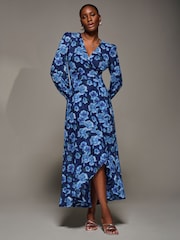 Jolie Moi Blue Ruffle Cuffed Sleeve Frill Mesh Maxi Dress - Image 3 of 6